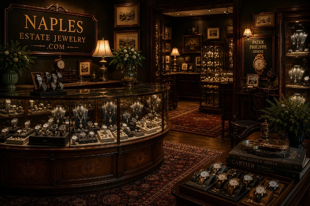 Imagined old-world jewelry showroom with antique display cases